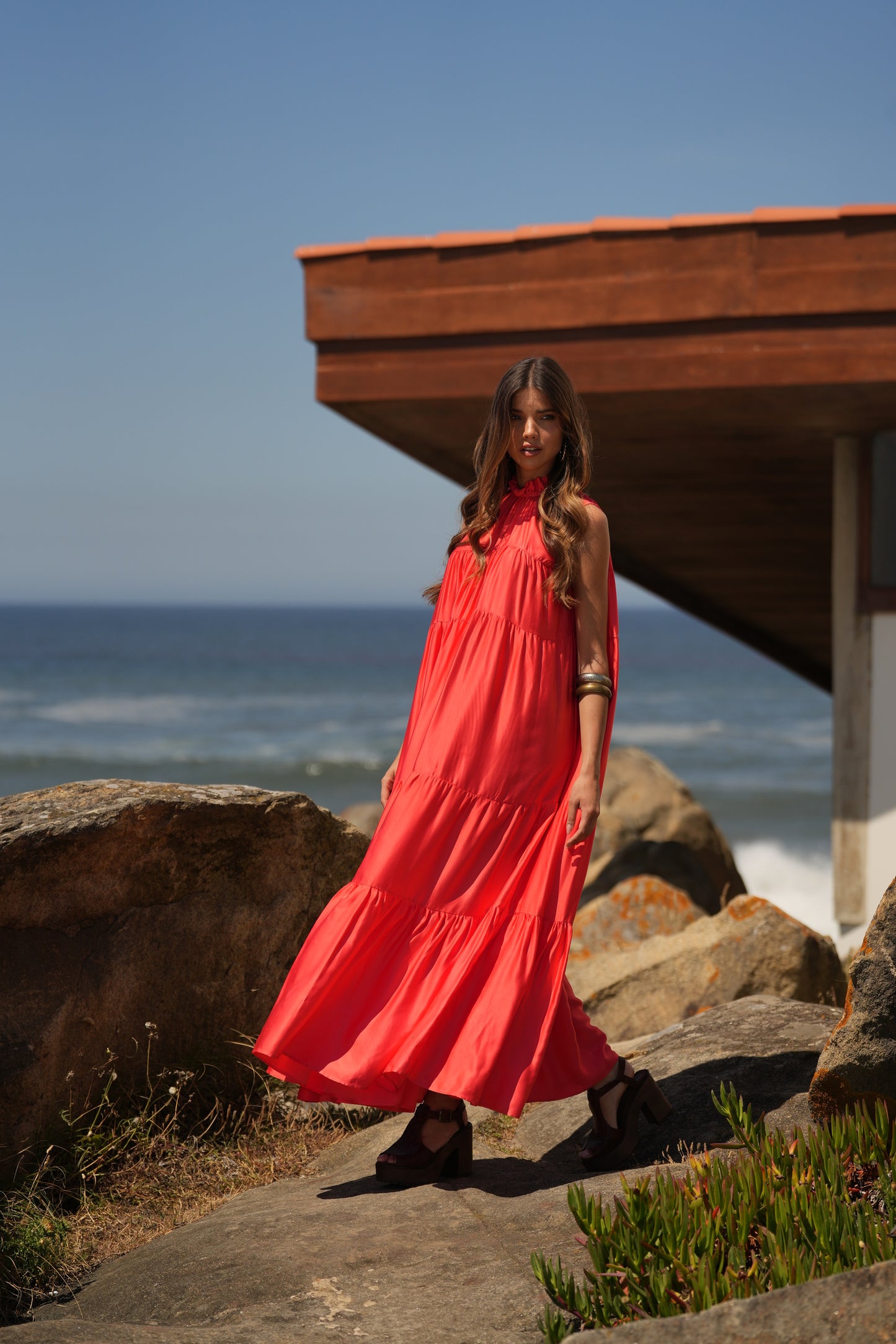 Vestido comprido em seda rosa