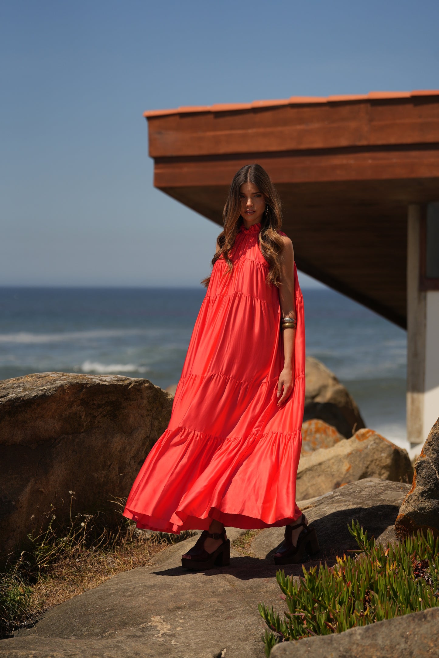 Vestido comprido em seda rosa