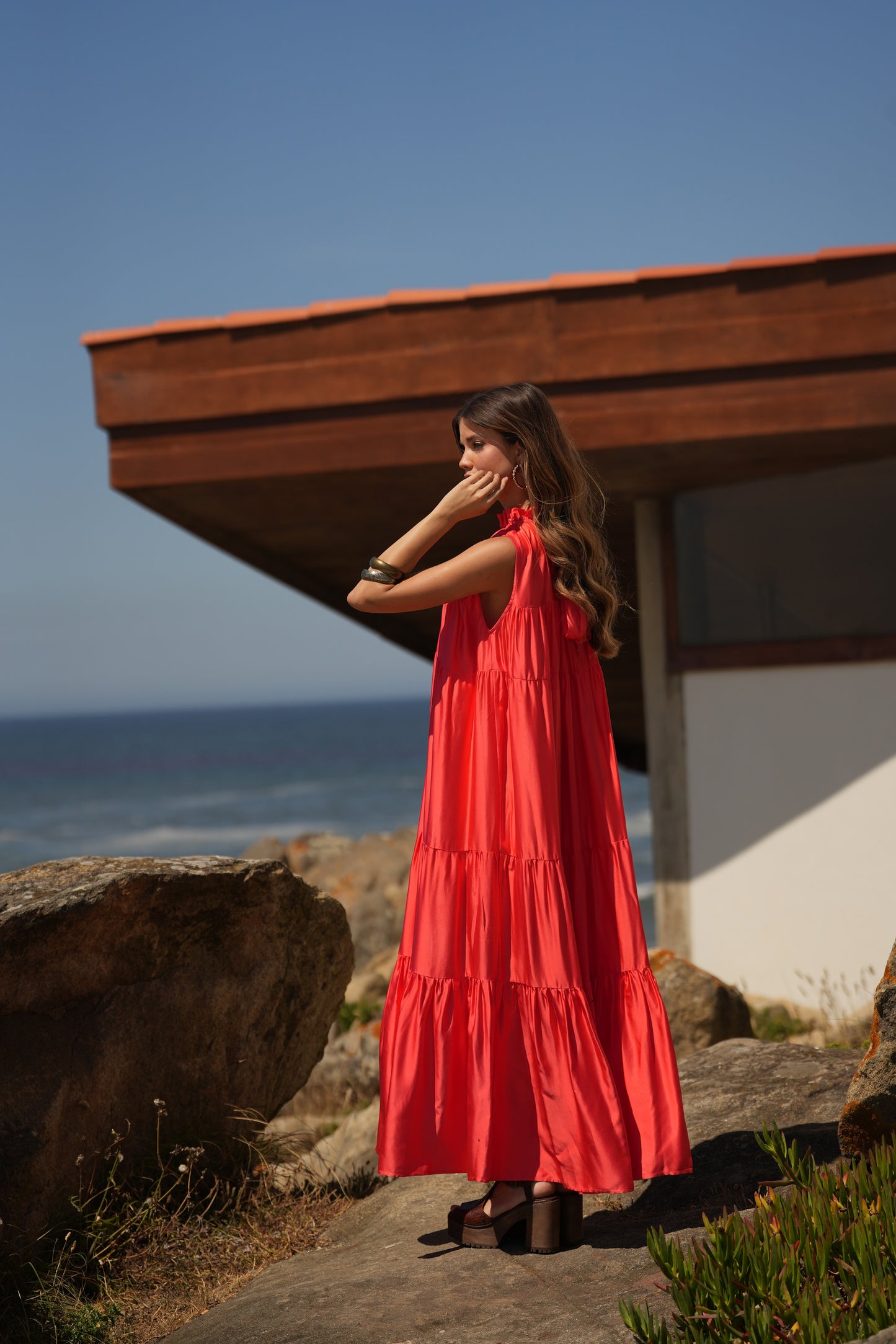 Vestido comprido em seda rosa