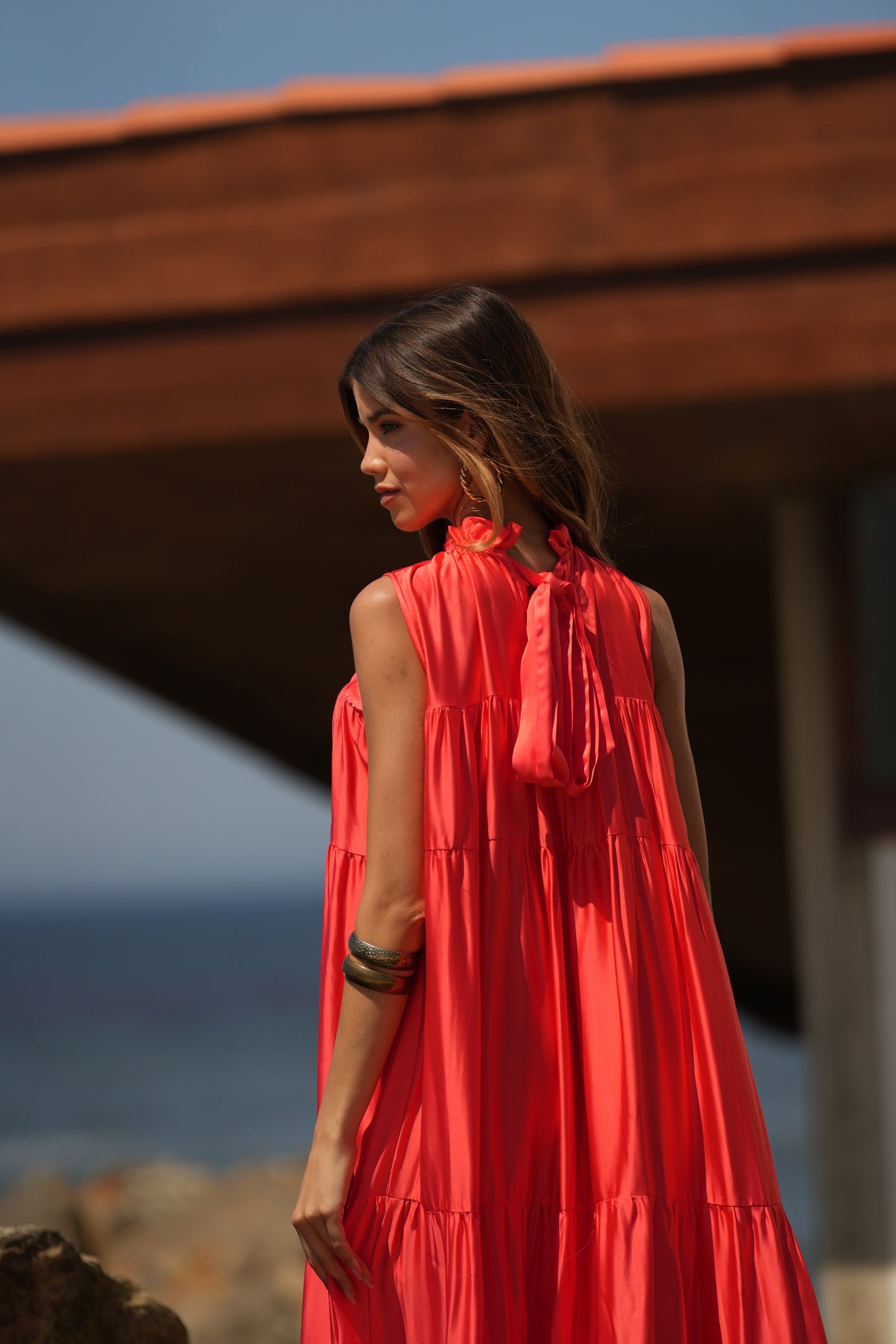 Vestido comprido em seda rosa