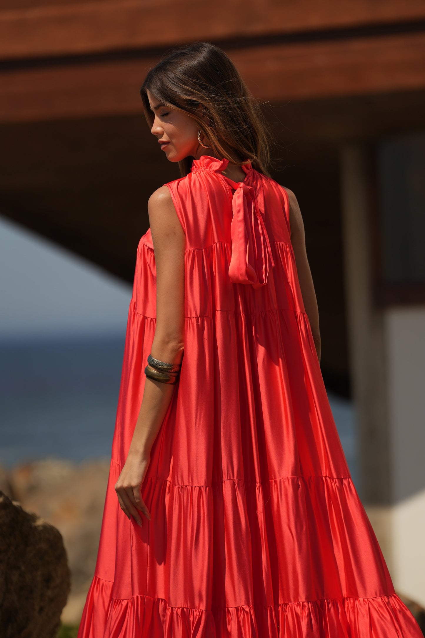 Vestido comprido em seda rosa