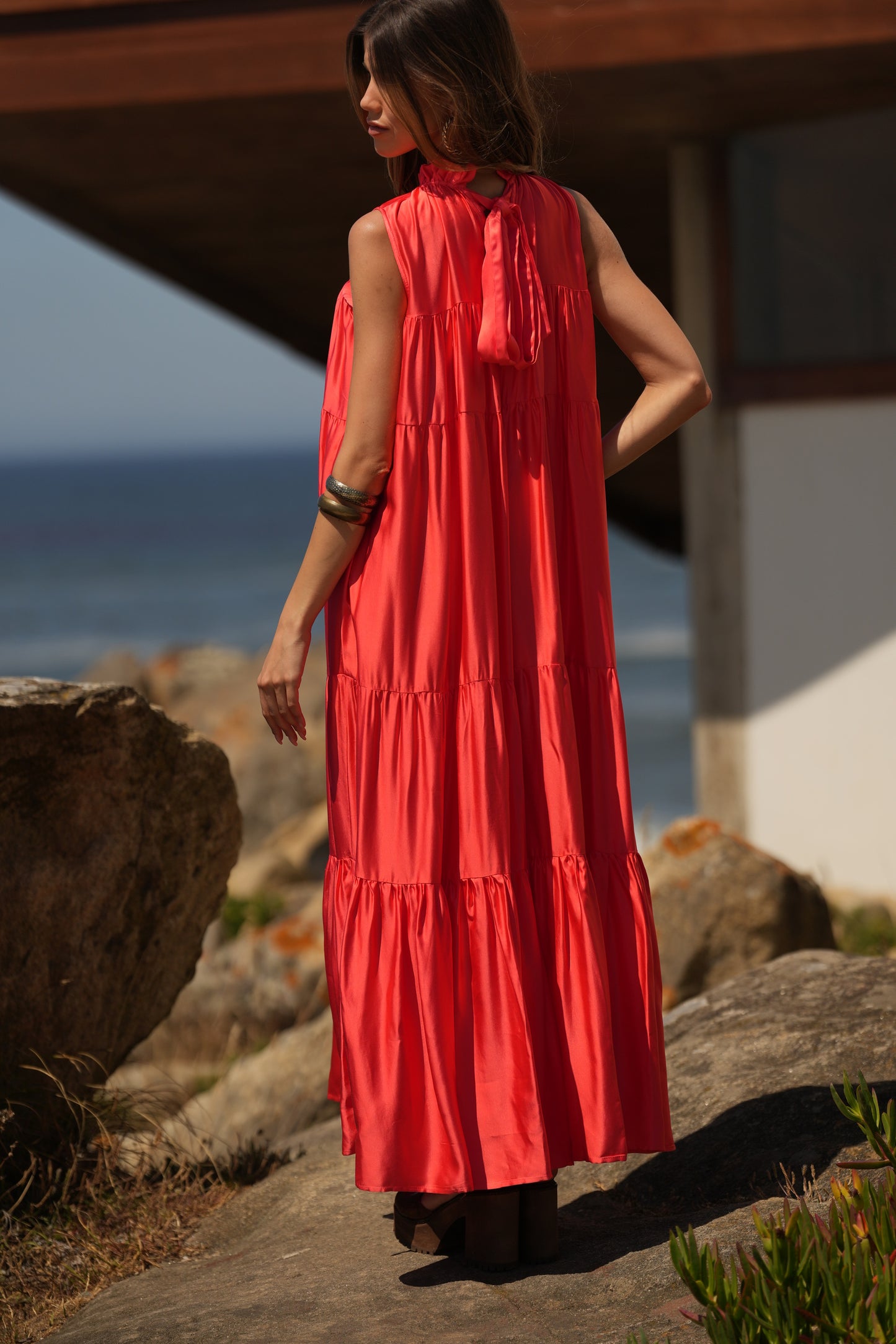 Vestido comprido em seda rosa