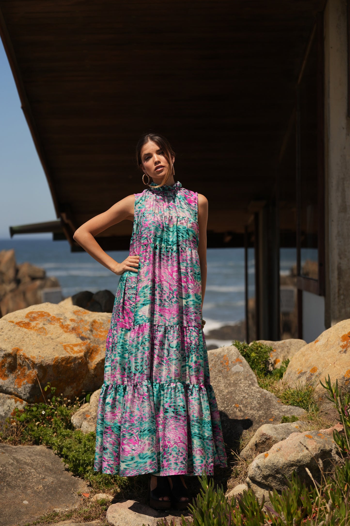 Vestido comprido em seda estampada
