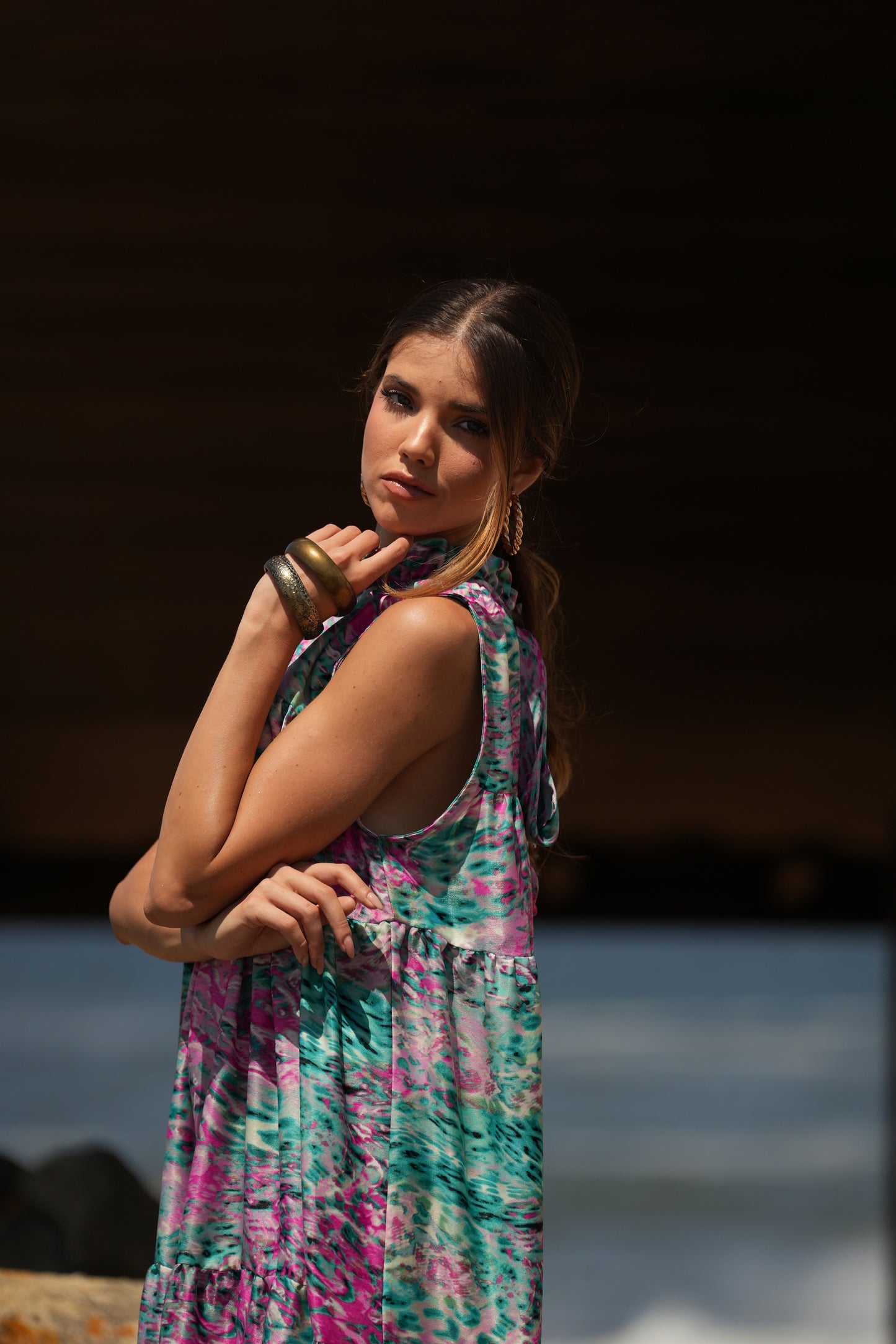 Vestido comprido em seda estampada
