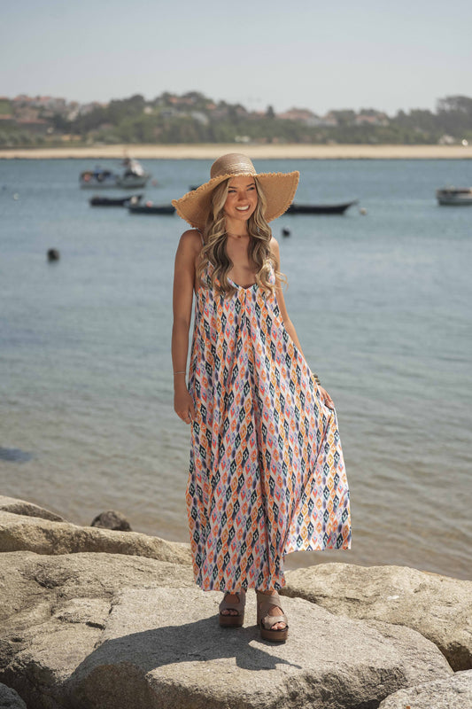 Vestido comprido estampado de alças
