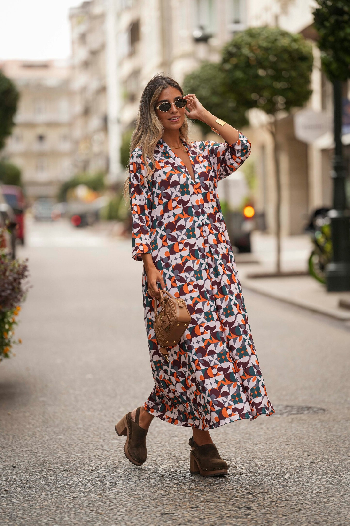 Long dress in printed knit