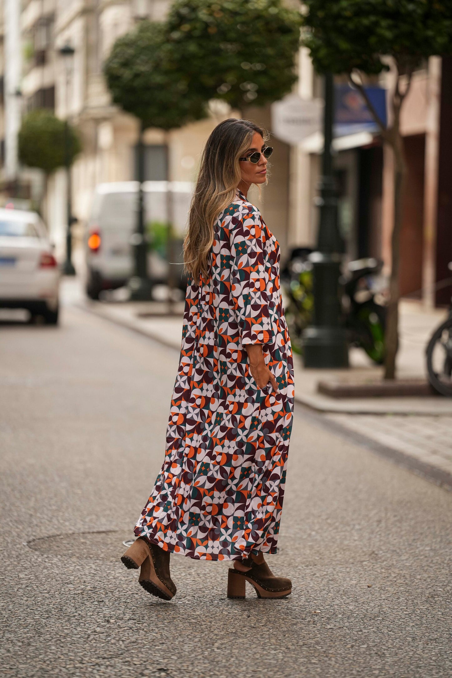 Long dress in printed knit