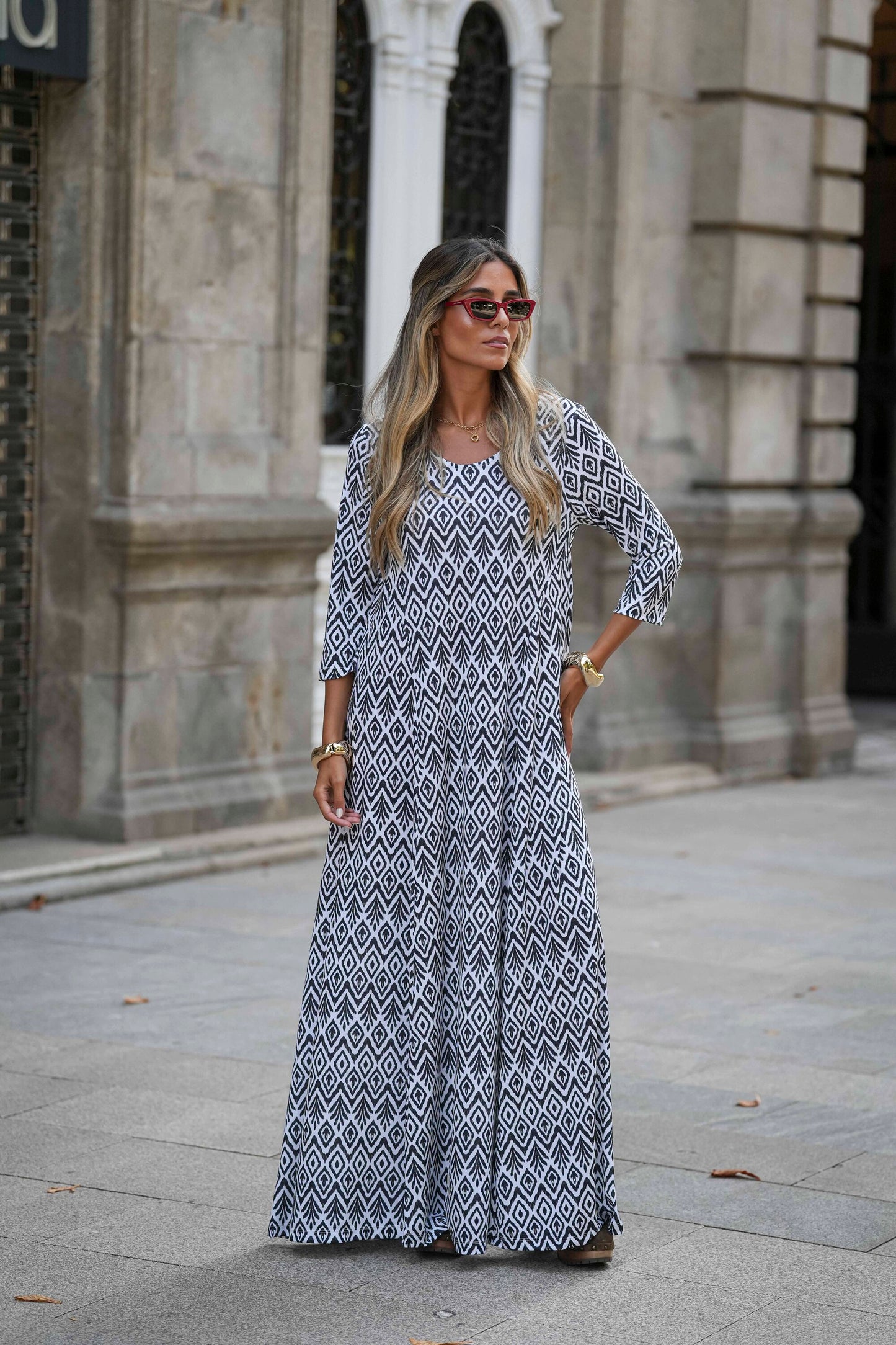 Long dress in printed knit