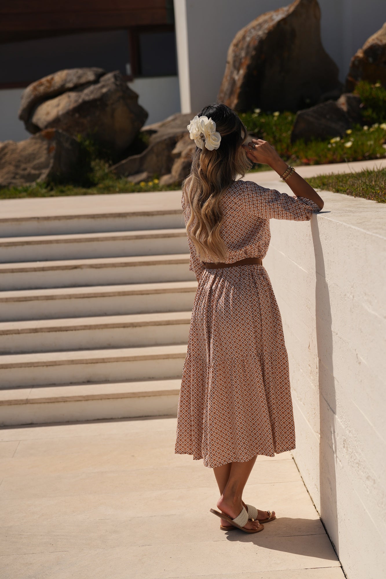 Vestido comprido em viscose estampada
