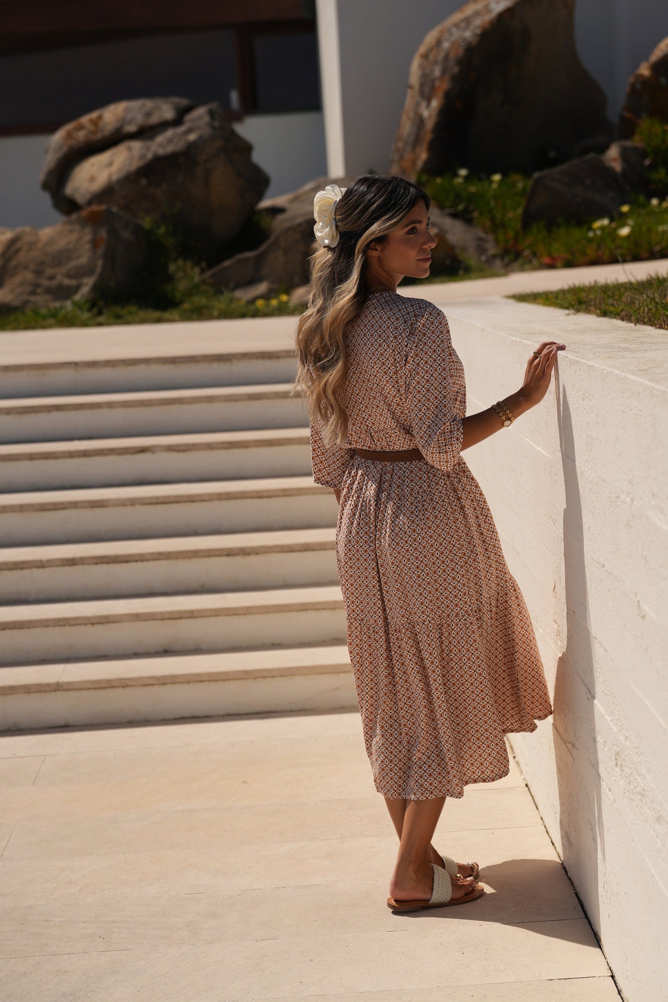 Vestido comprido em viscose estampada