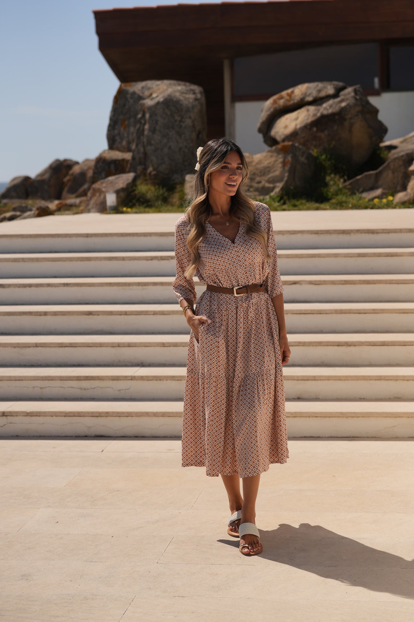 Vestido comprido em viscose estampada