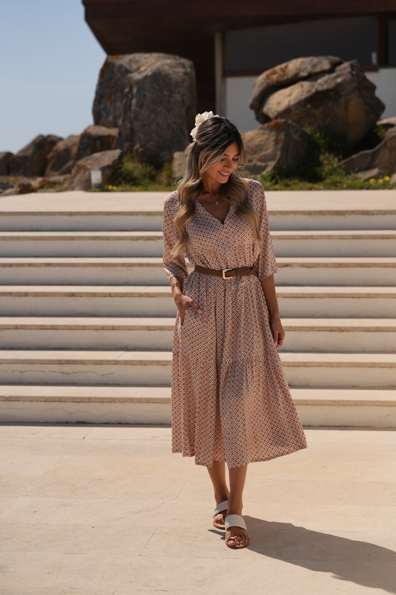 Vestido comprido em viscose estampada
