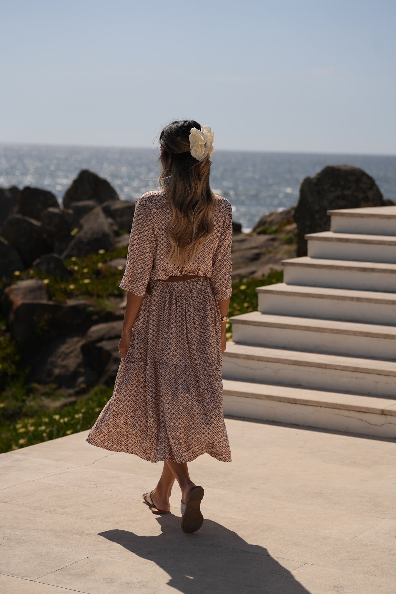 Vestido comprido em viscose estampada