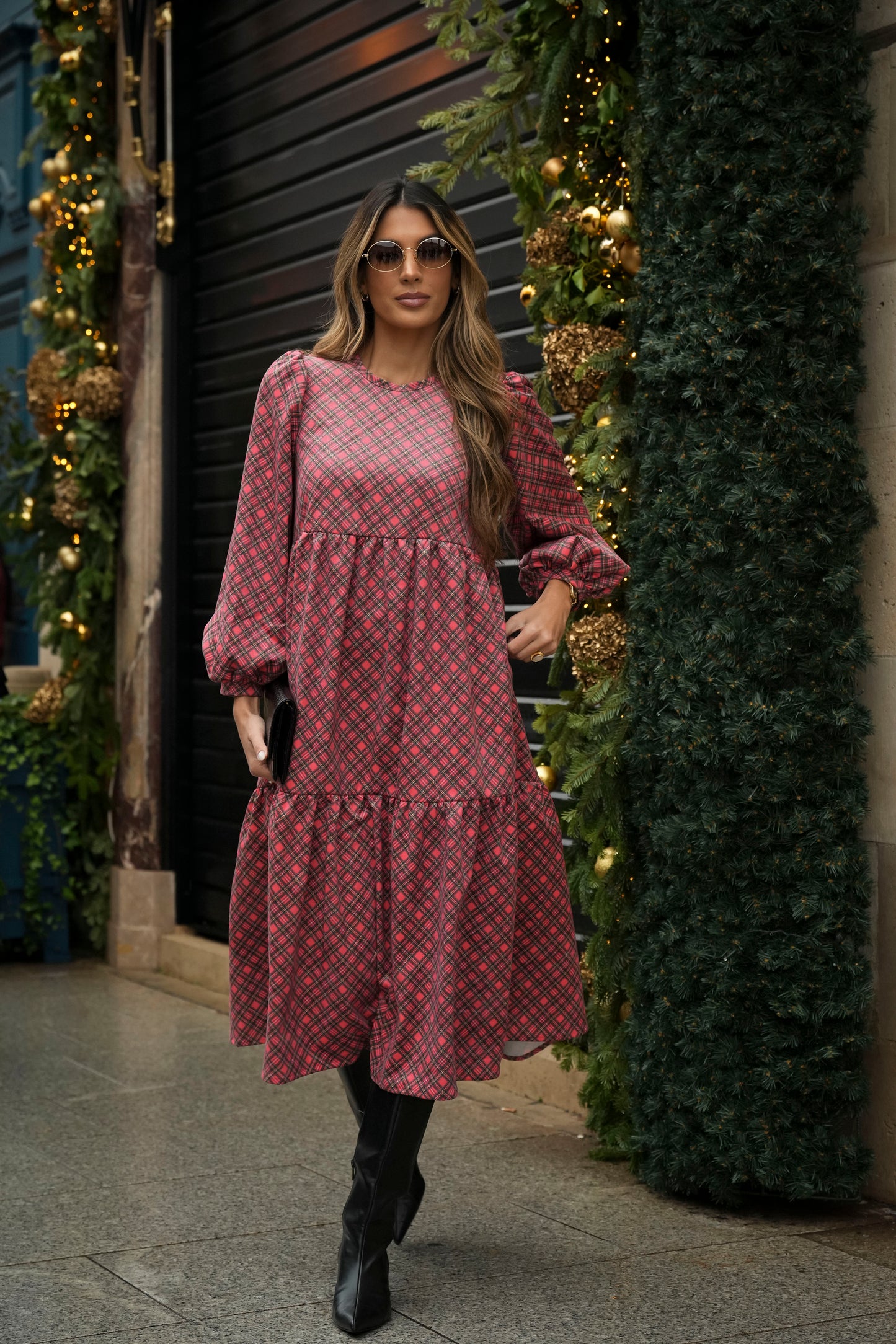 Vestido comprido com folhos em bombazine