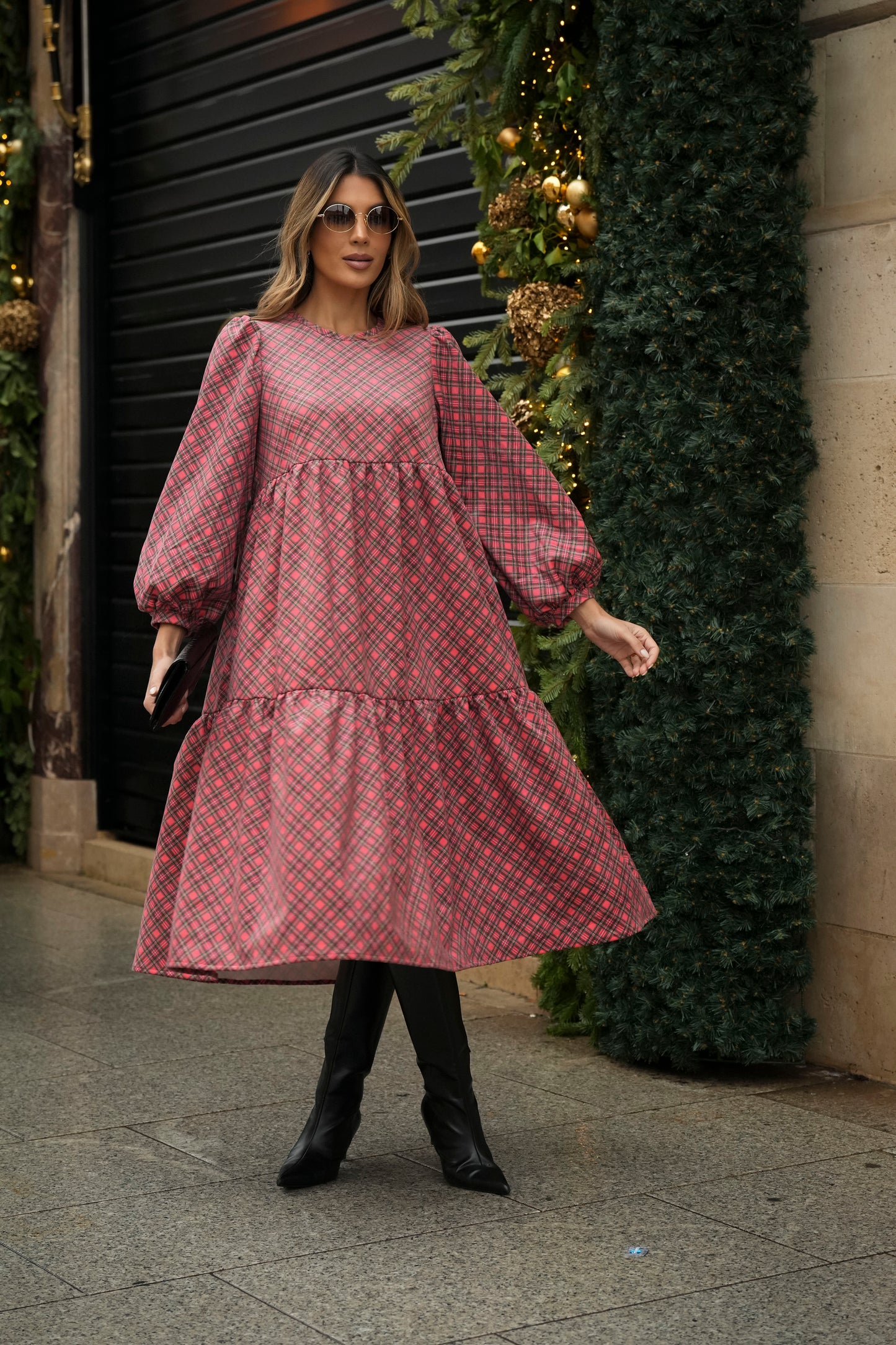 Vestido comprido com folhos em bombazine