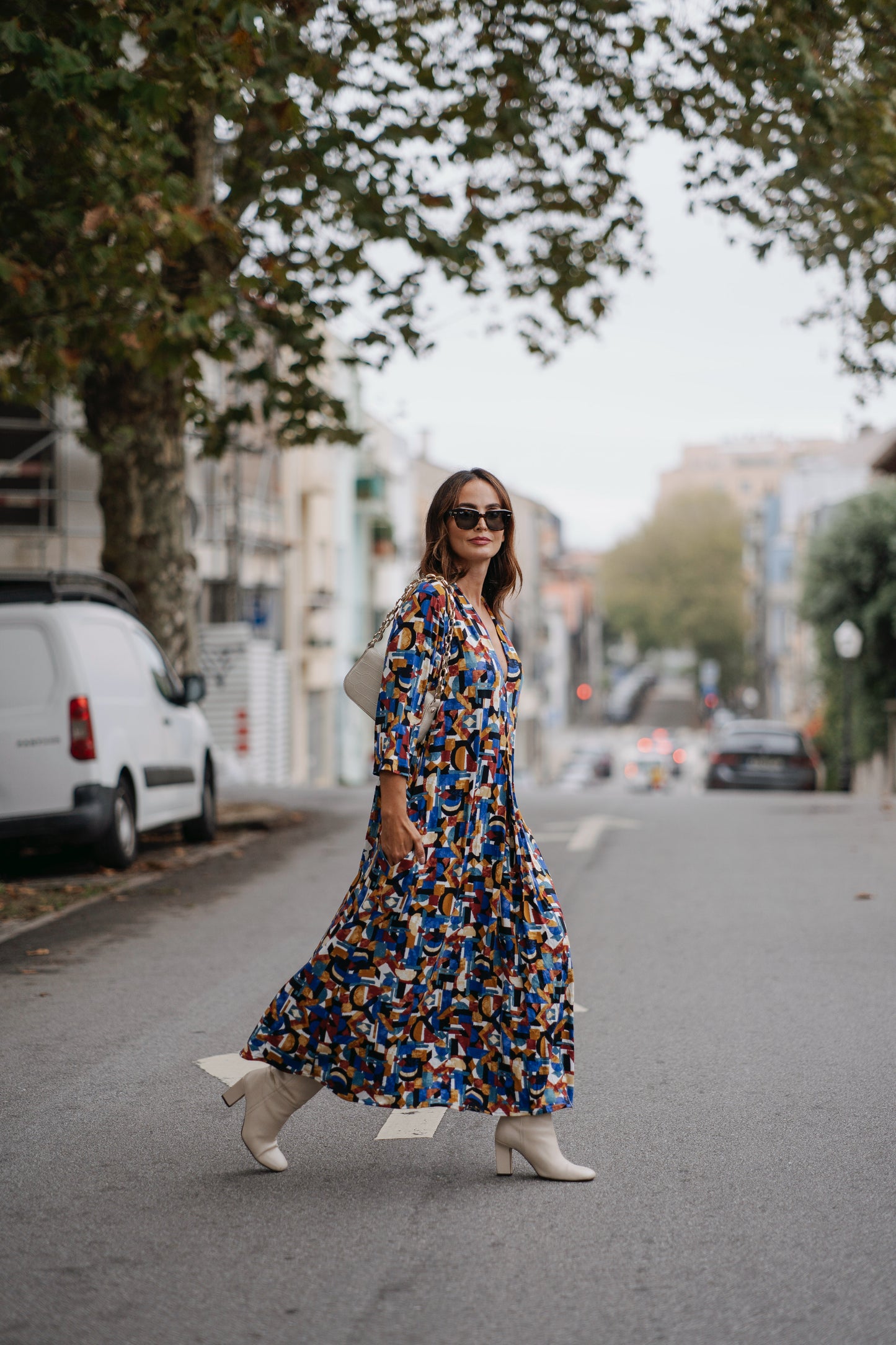 Long dress in printed knit