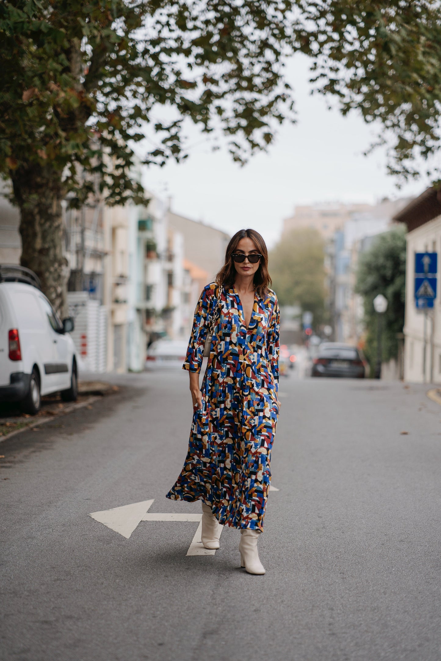 Long dress in printed knit