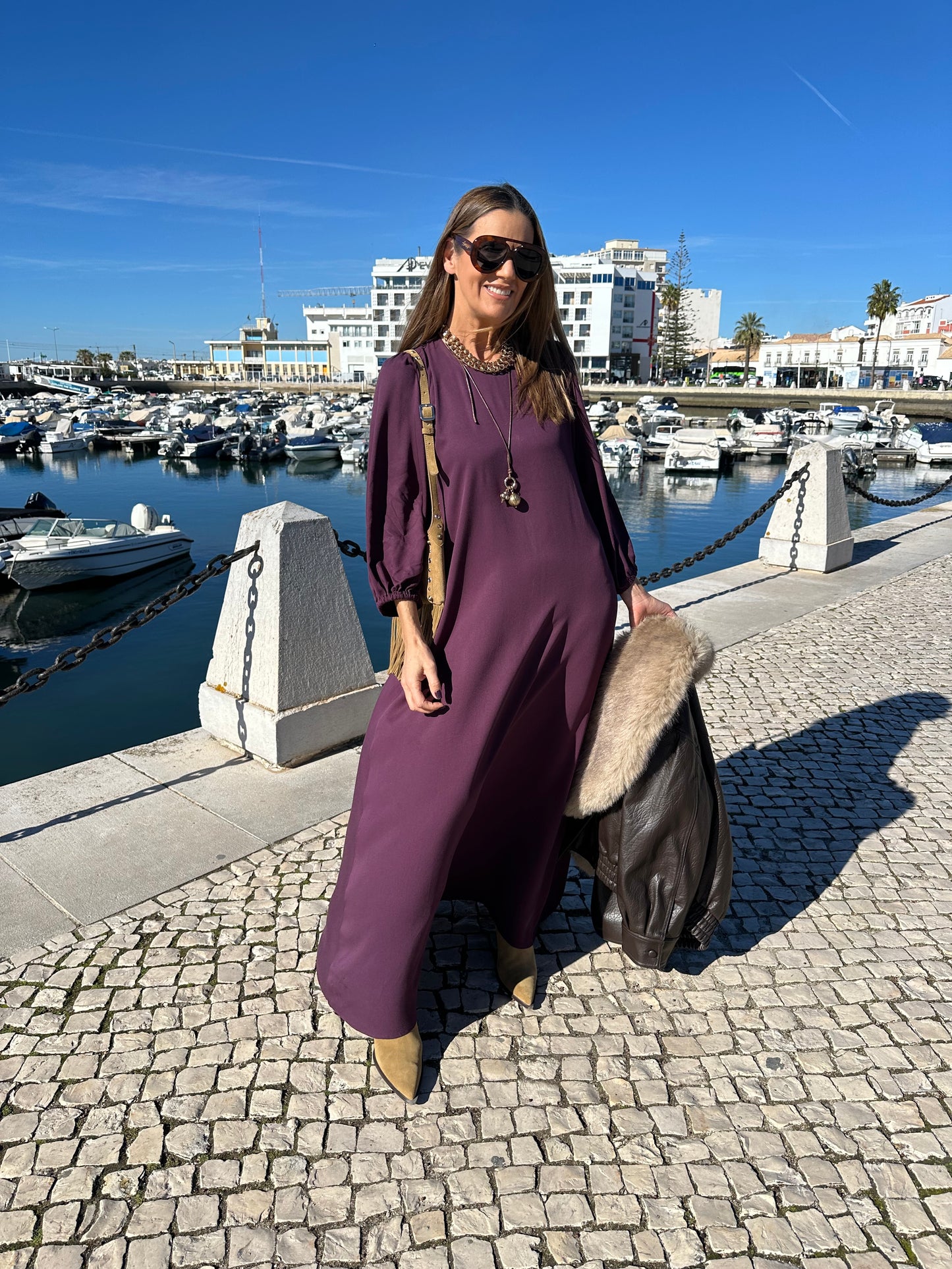 Vestido comprido em viscose bordeaux