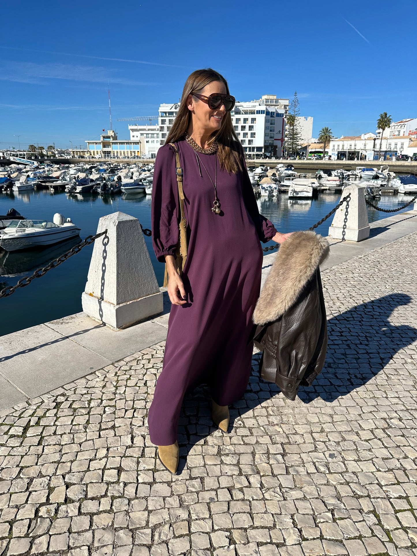 Vestido comprido em viscose bordeaux