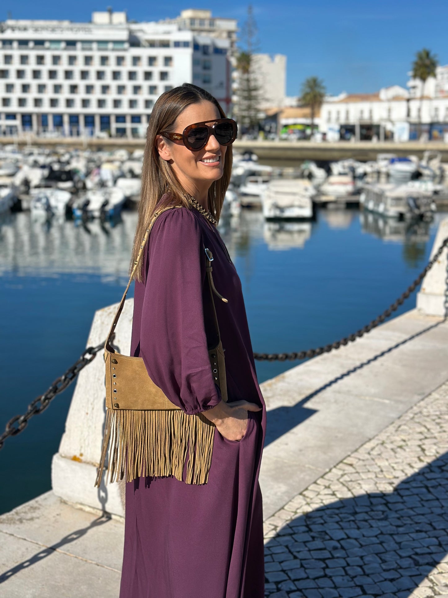 Vestido comprido em viscose bordeaux