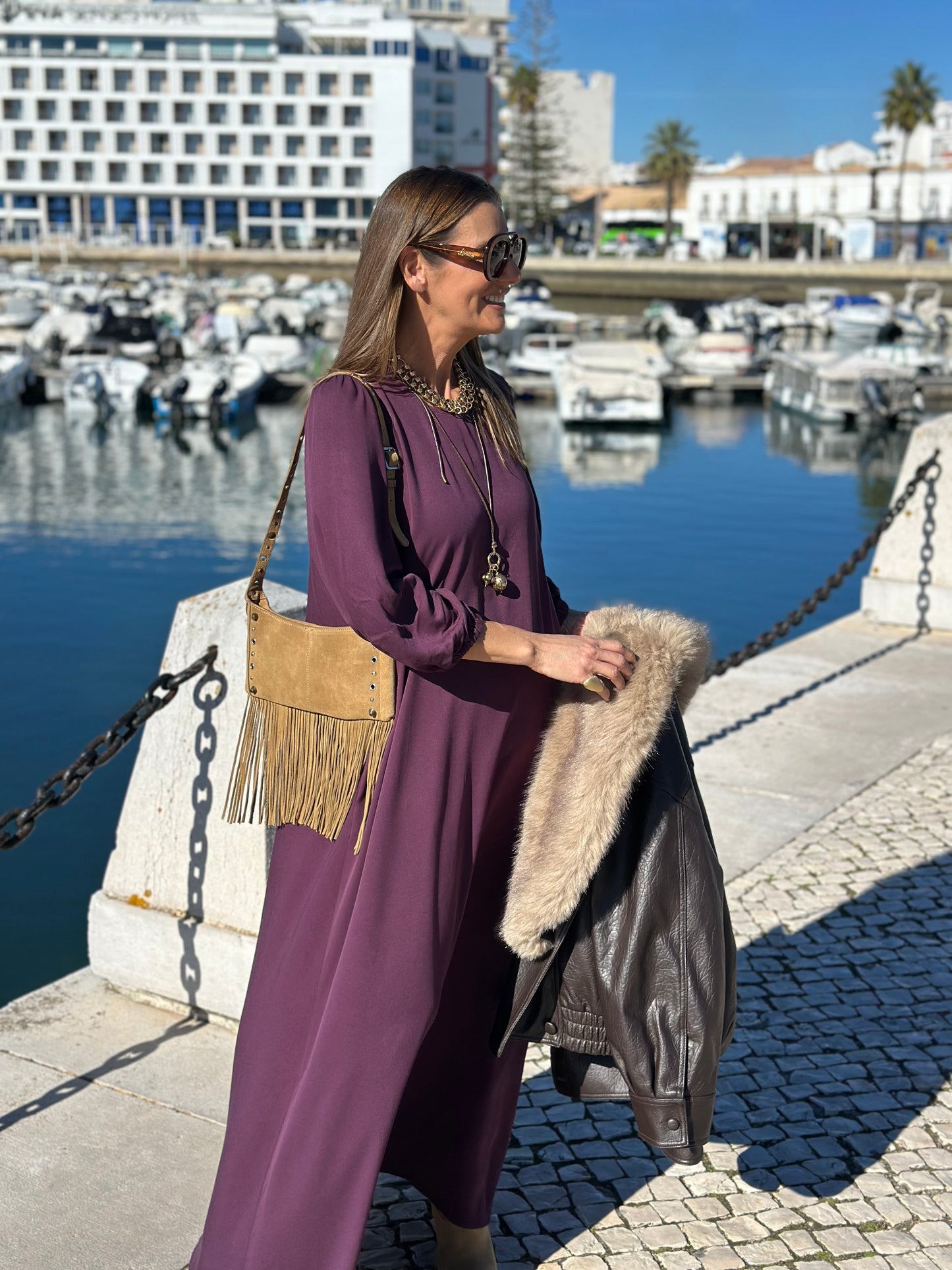 Vestido comprido em viscose bordeaux