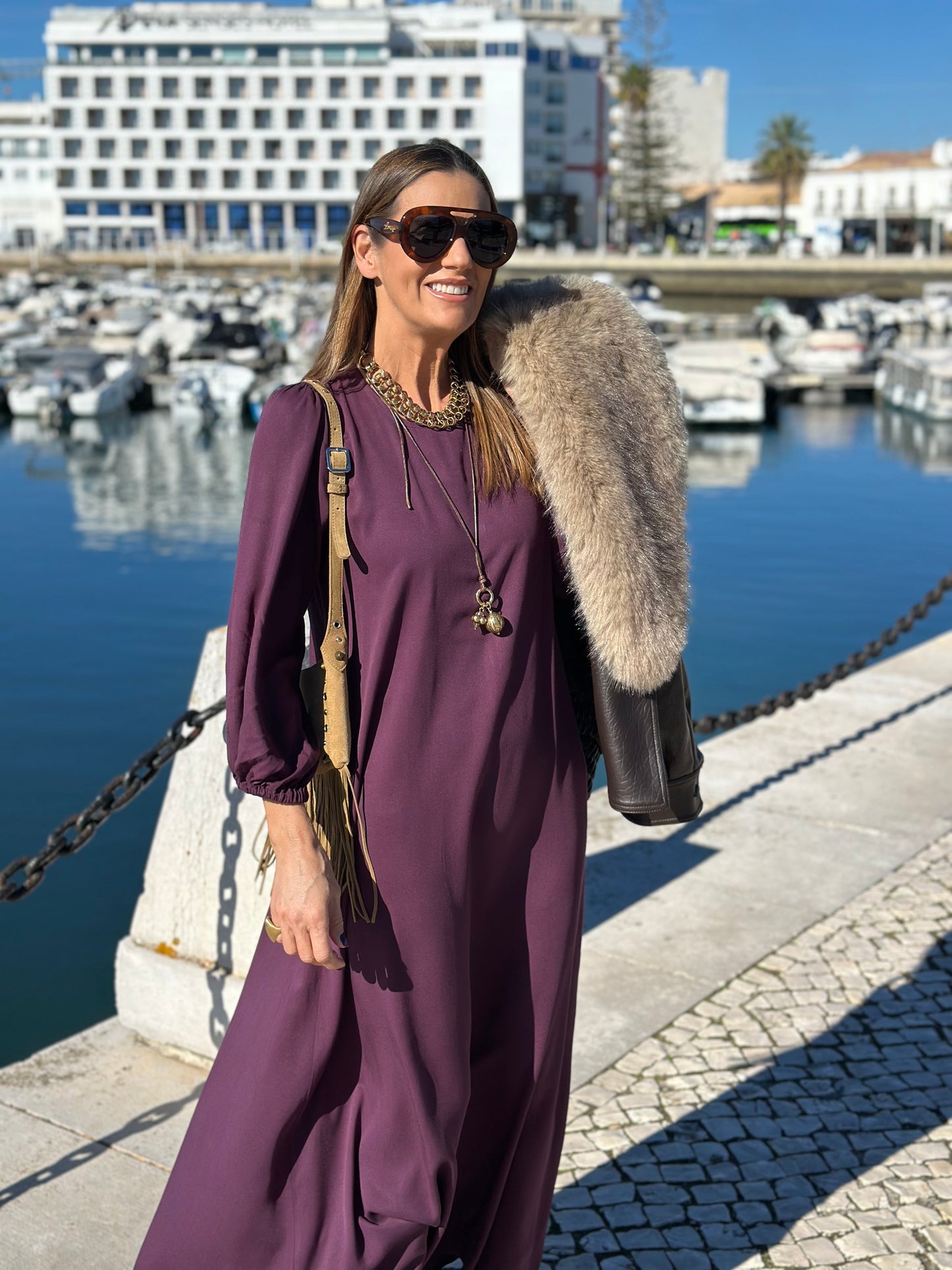 Vestido comprido em viscose bordeaux