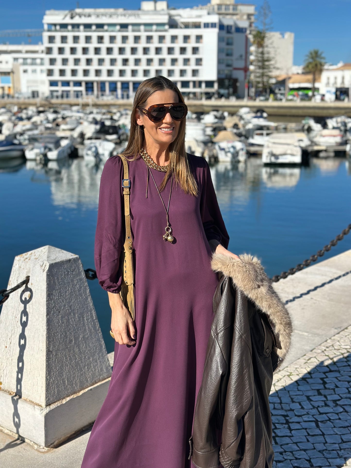 Vestido comprido em viscose bordeaux