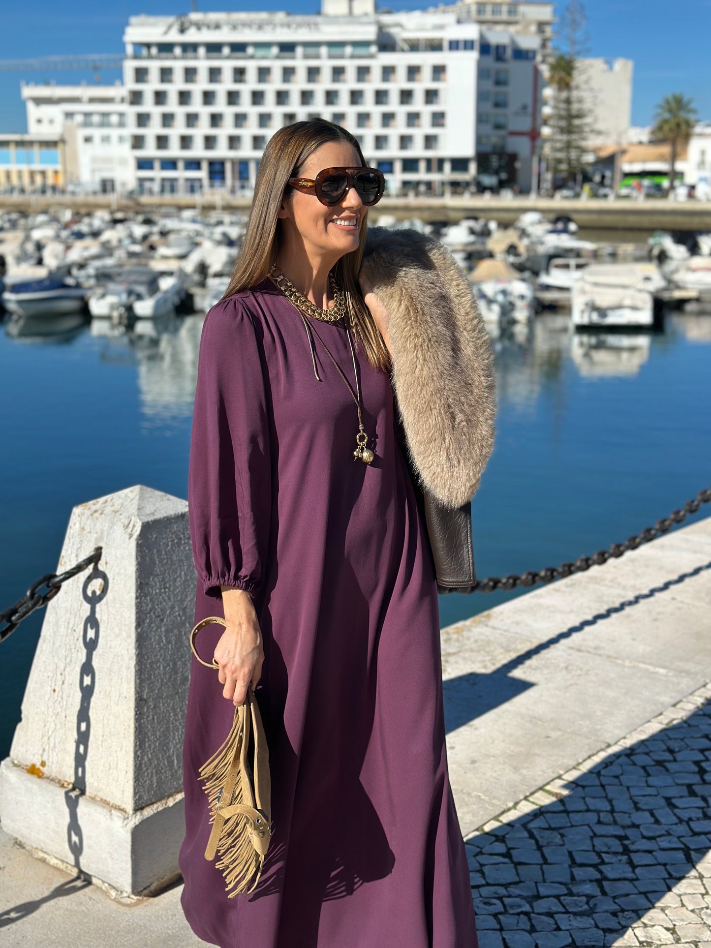 Vestido comprido em viscose bordeaux