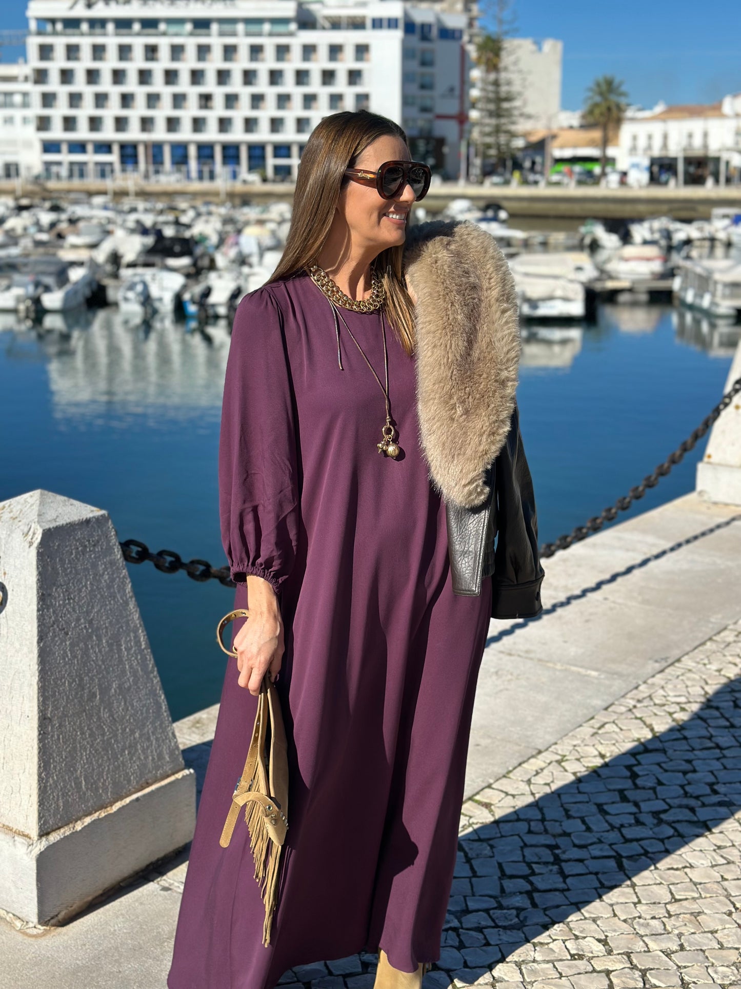 Vestido comprido em viscose bordeaux