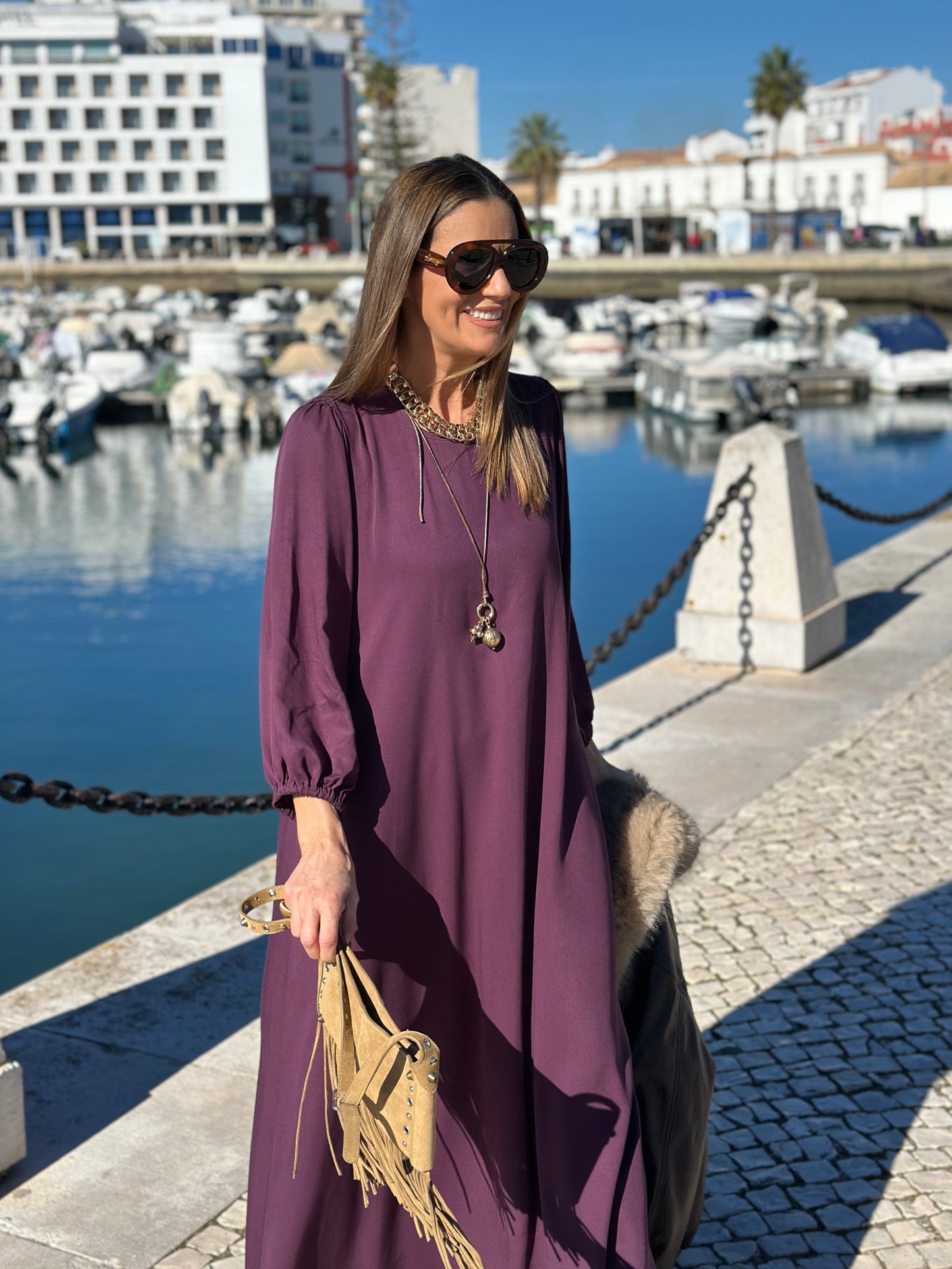 Vestido comprido em viscose bordeaux