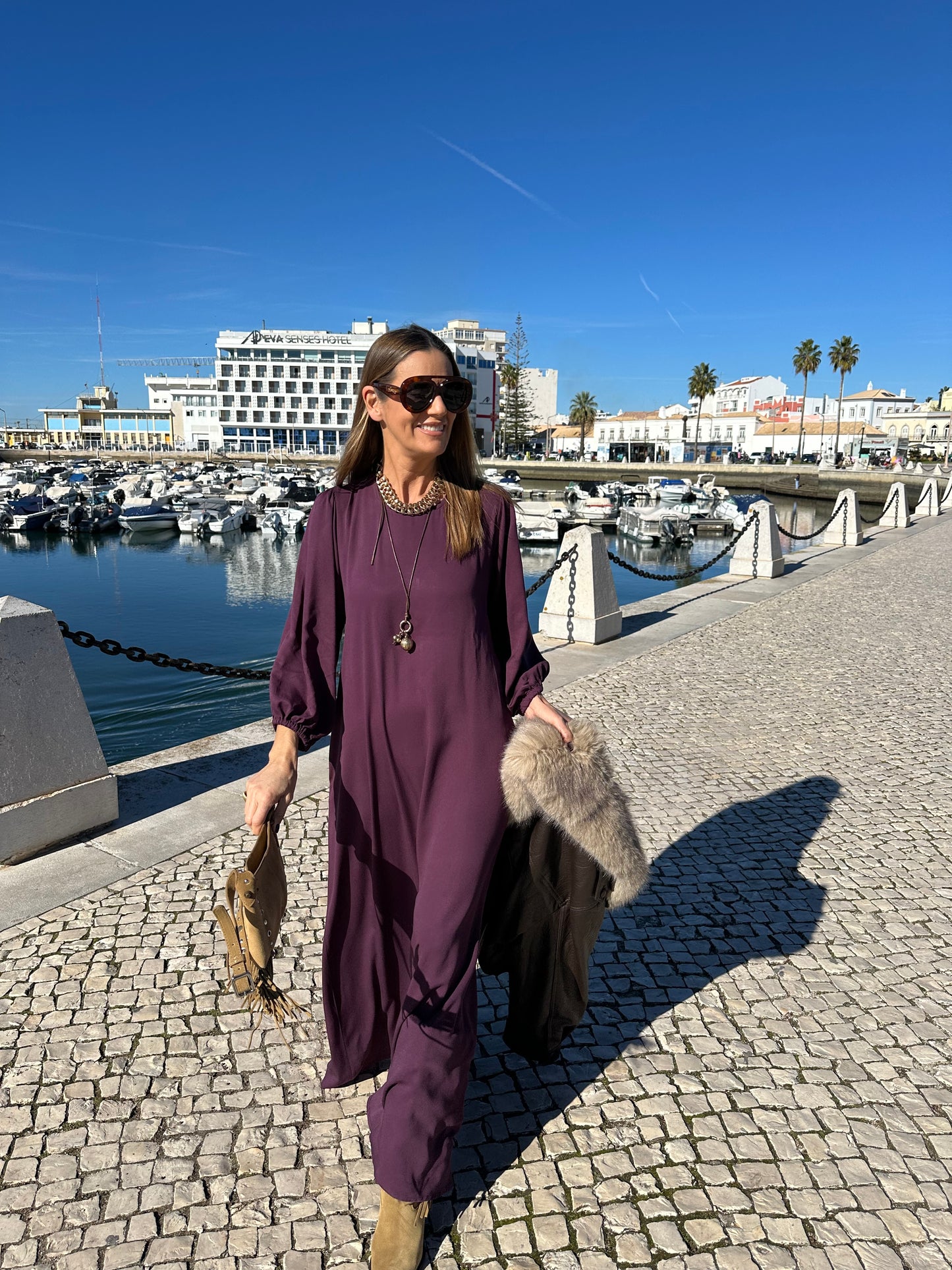 Vestido comprido em viscose bordeaux