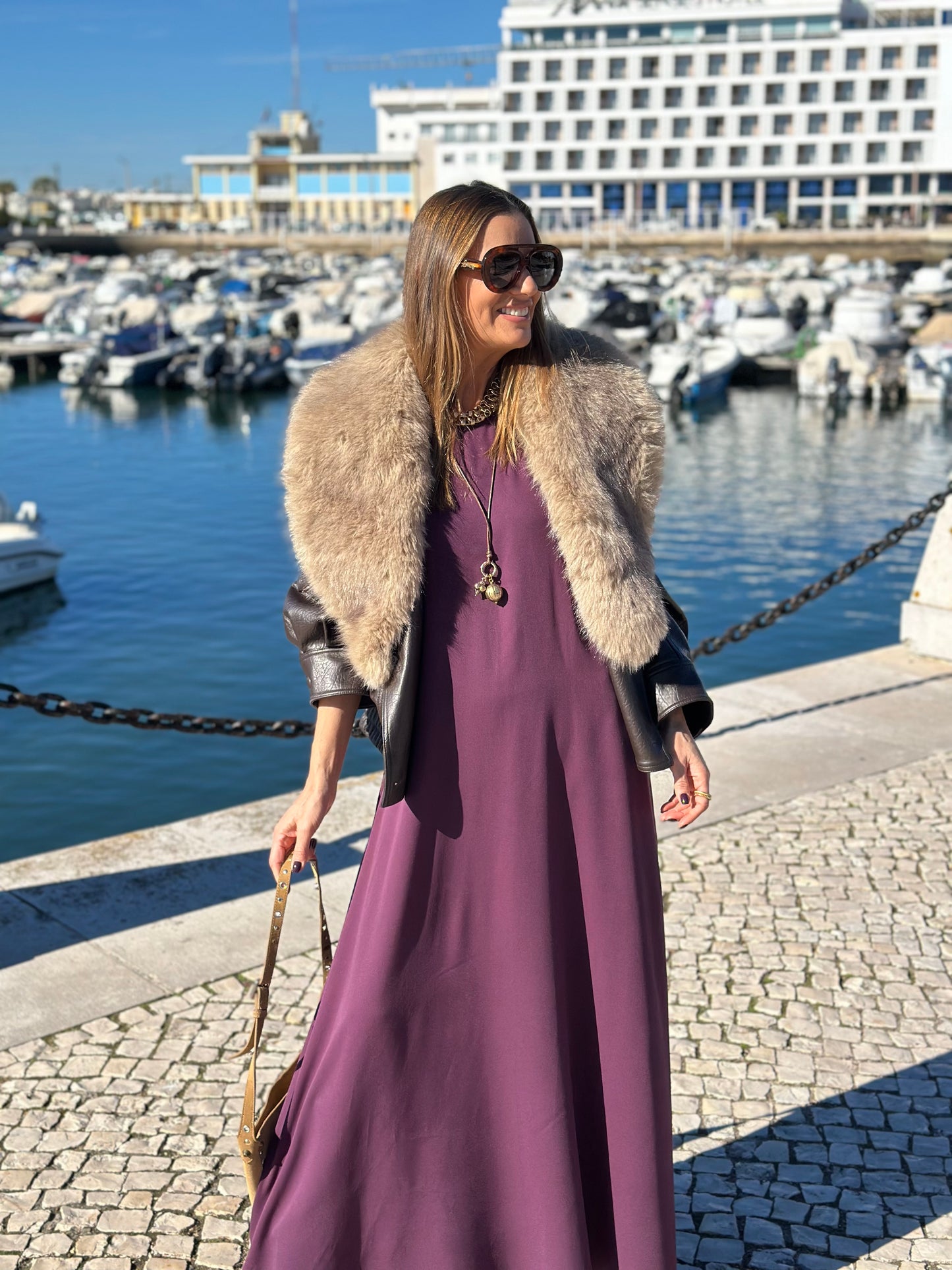 Vestido comprido em viscose bordeaux