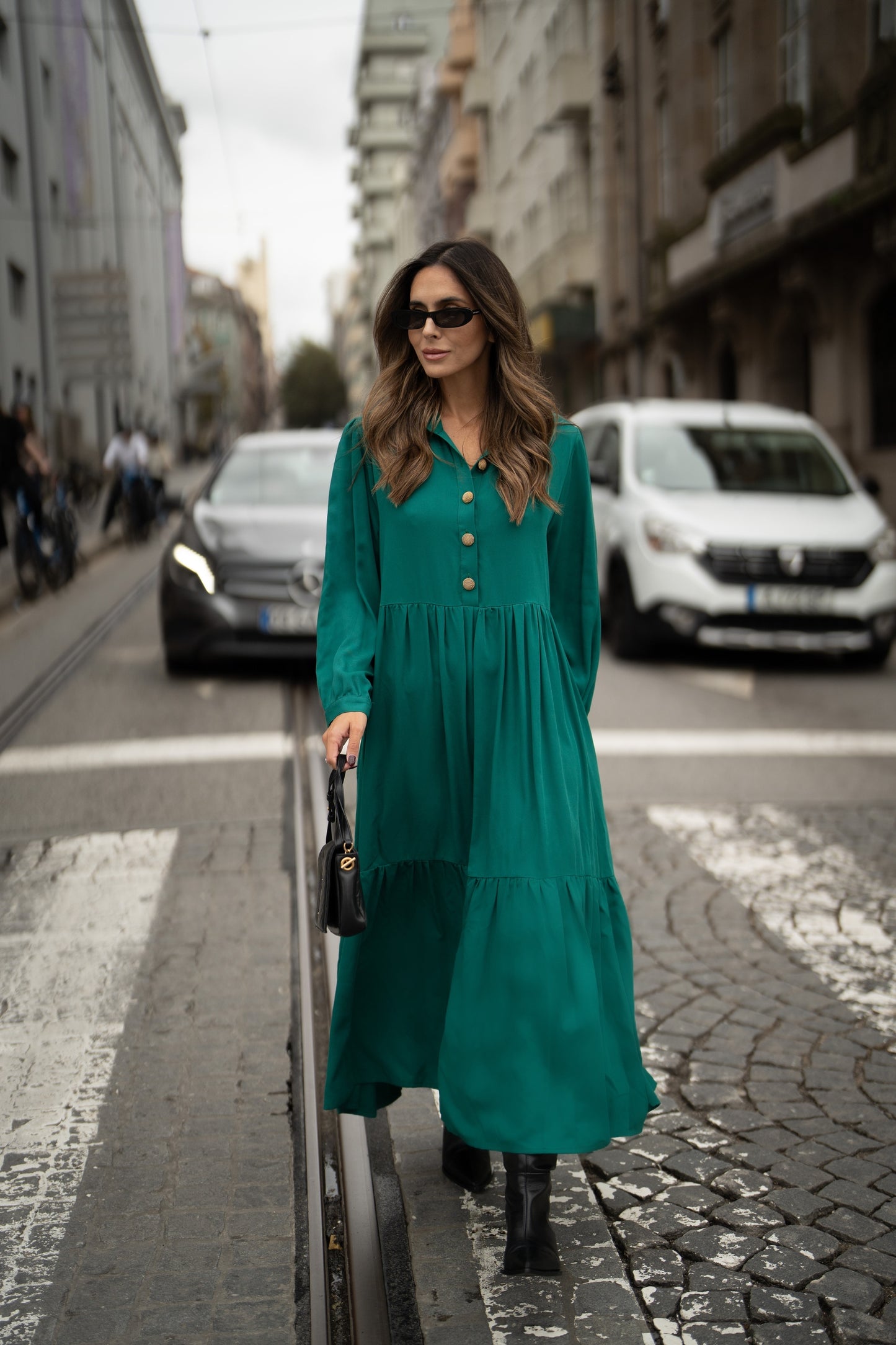 Long dress with gold buttons