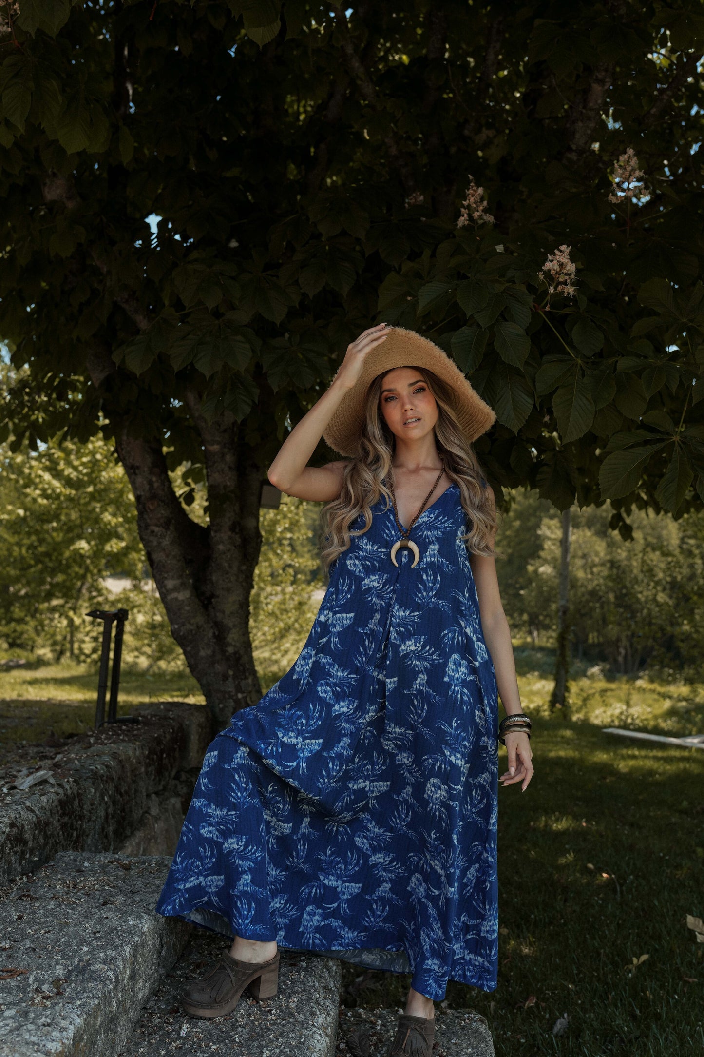 Long dress in printed viscose