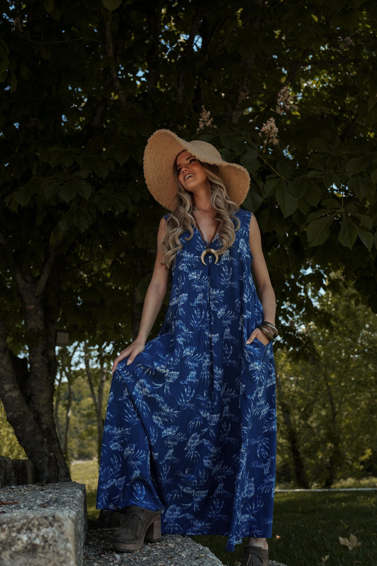 Long dress in printed viscose