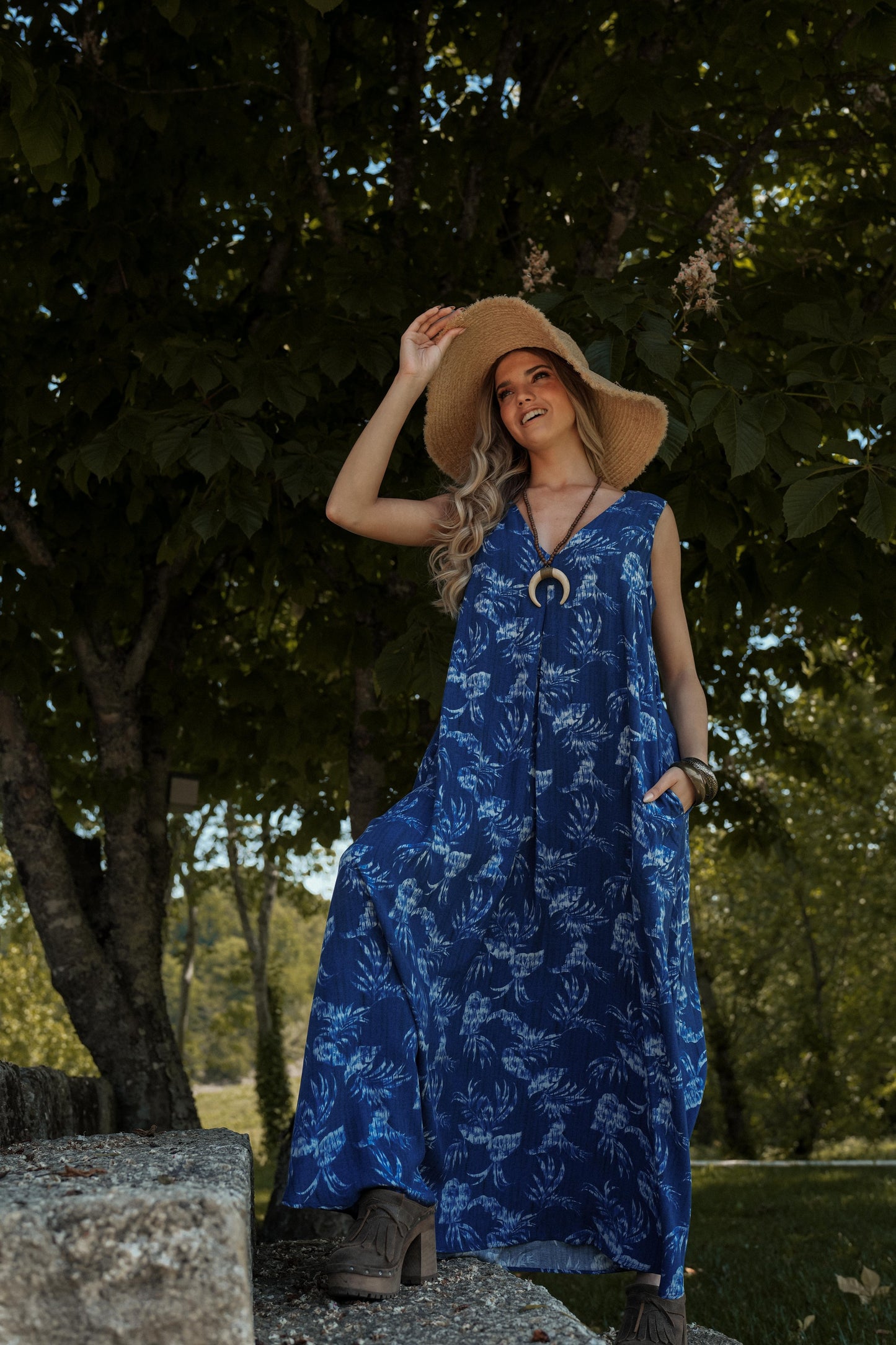 Long dress in printed viscose