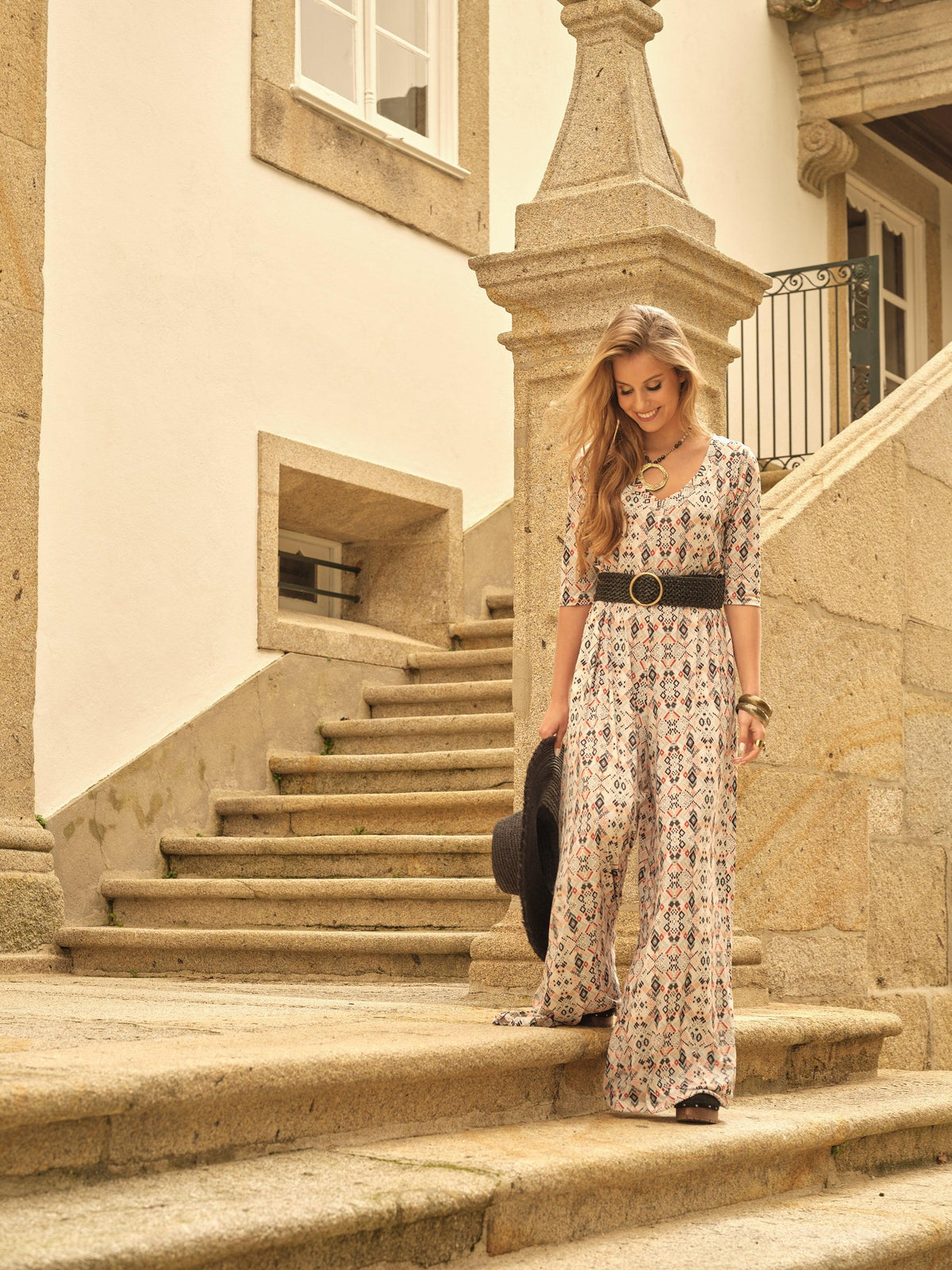 Long jumpsuit in printed knit